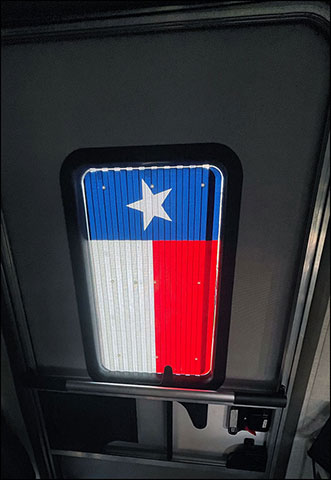 Texas Flag patriotic shutter viewed from inside the trailer.